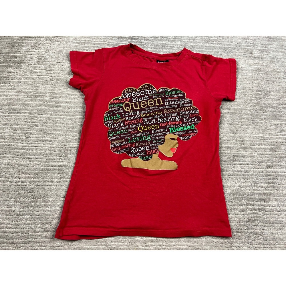 Popular Sports T-Shirt Girls L Red Black Queen Afro Graphic Empowerment Cotton